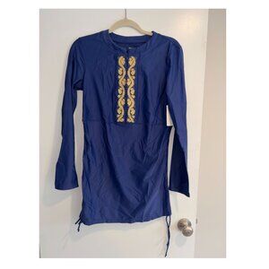 Cabana Life Navy and Gold Embroidered Convertible Ruched Rashguard